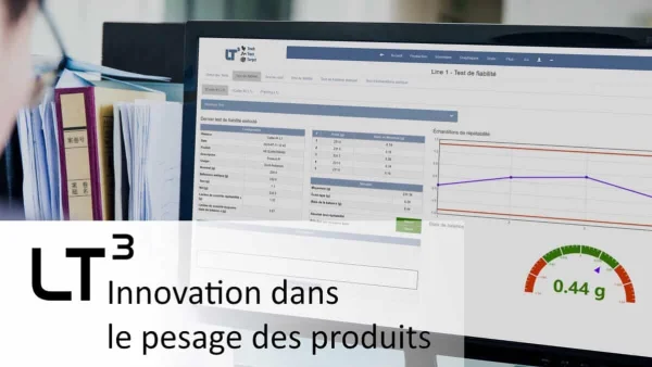 Module de contrôle du poids LT³ installé sur une ligne de production fromagère, affichant le suivi en temps réel des masses.